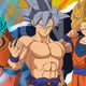 Three Gokus stand together looking cool and one of them is shirtless, too.